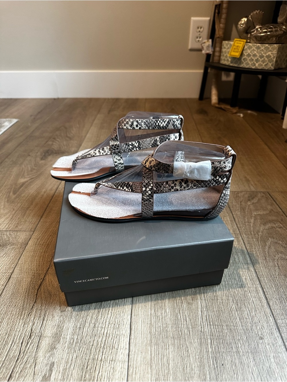 Vince Camuto Silver and Brown Snake-Print Gladiator Sandals